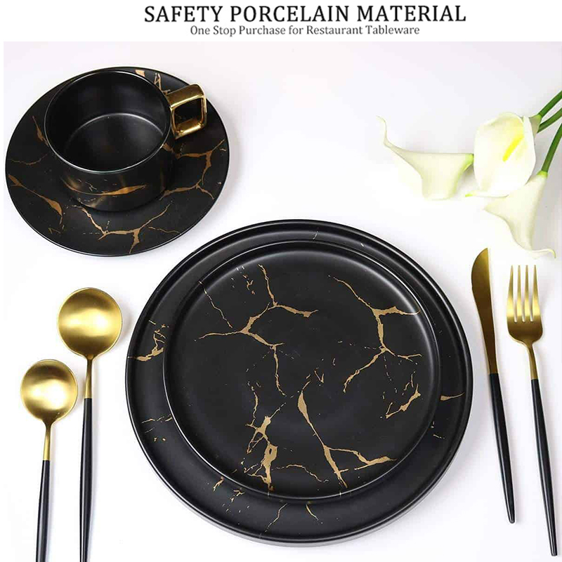 中国食器丸型ゴールド黒大理石格安バルク食器プレート、レストラン用ディナープレート、10 インチディナープレート