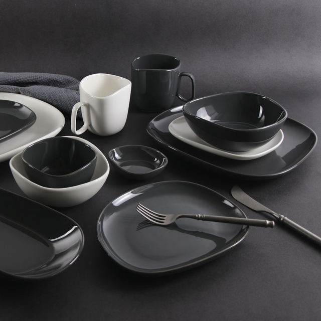 ROLLIN PORCELAIN 16 個の不規則な炻器ディナーセット - フラットスクエアディナープレート、サイドプレート、ボウル、マグ 