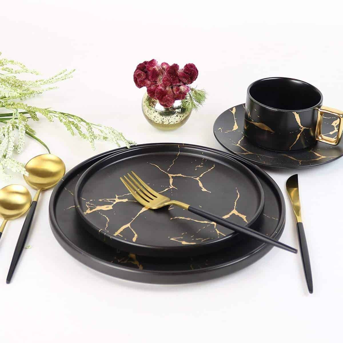 中国食器丸型ゴールド黒大理石格安バルク食器プレート、レストラン用ディナープレート、10 インチディナープレート