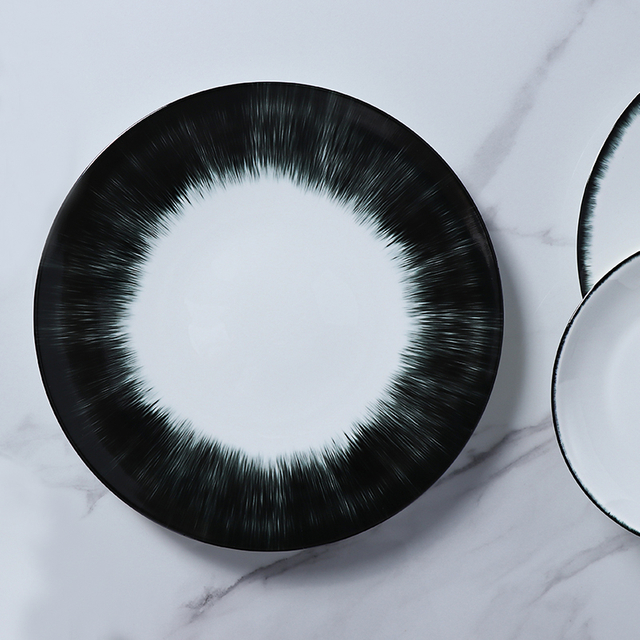 ホテルウェア新しい食器ダイニングプレートシーフードウニデザイン黒と白のボーンチャイナ食器