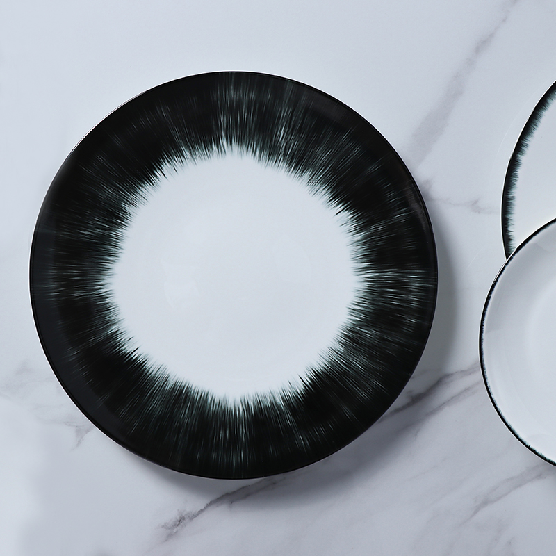 ホテルウェア新しい食器ダイニングプレートシーフードウニデザイン黒と白のボーンチャイナ食器