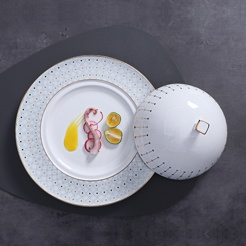 ミシュランレストラン食器ボーンチャイナスカイライトブルーディナープレートゴールドリムスポット食器ホテル用